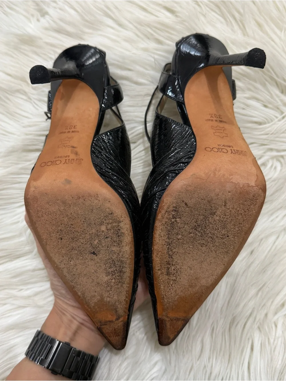 Jimmy Choo Black Patent Pointed Toe Strap Pumps